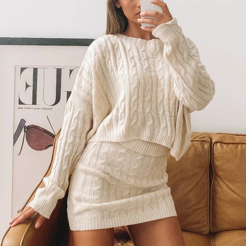 Loose Cable Knit Sweater & Skirt Two Pieces Set