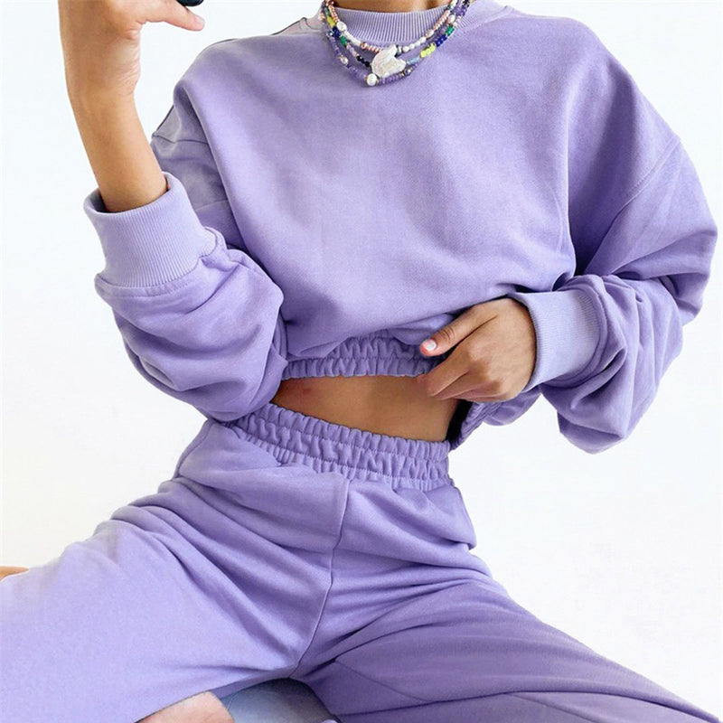 Round Neck Crop Short Sweatshirt Suit-Lavender