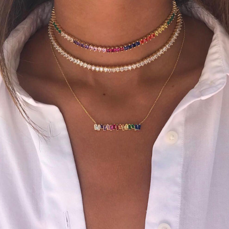 Rainbow Baguette Gold Bar Necklace