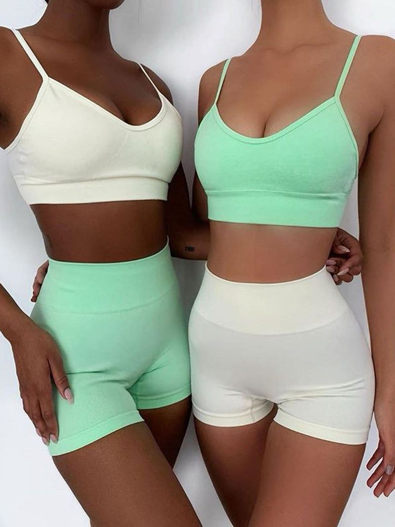 Solid Color Seamless Strappy Sport Top & High Waist Shorts