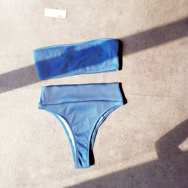 Ribbed  High Waist Bandeaux Bikini Swimsuit CH20