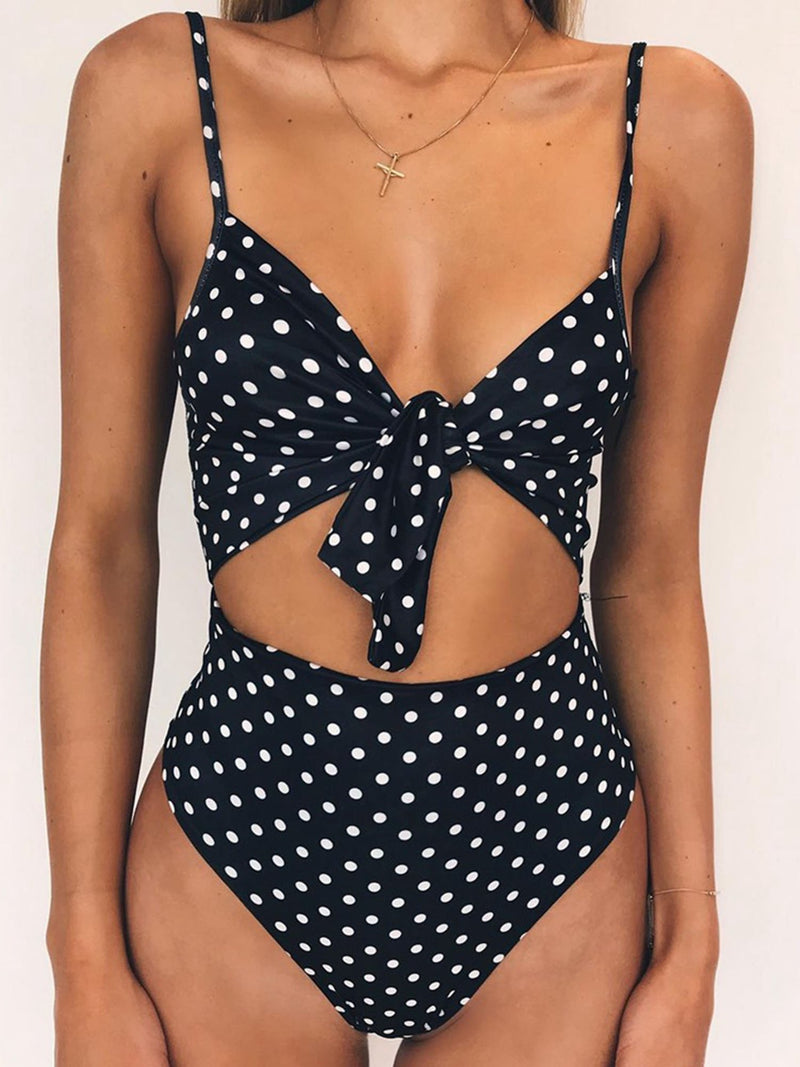 Cute Print Front Tie Bow High Waist High Cut Spaghetti Bikini Suit - worthtryit.com