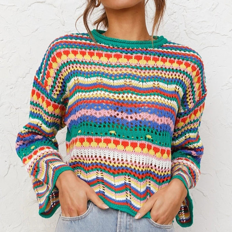 Rainbow Knit Flare Sleeves Pullover