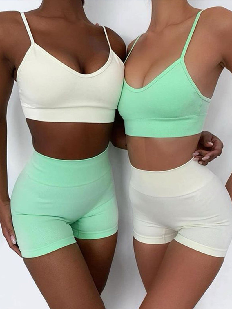 Solid Color Seamless Strappy Sport Top & High Waist Shorts