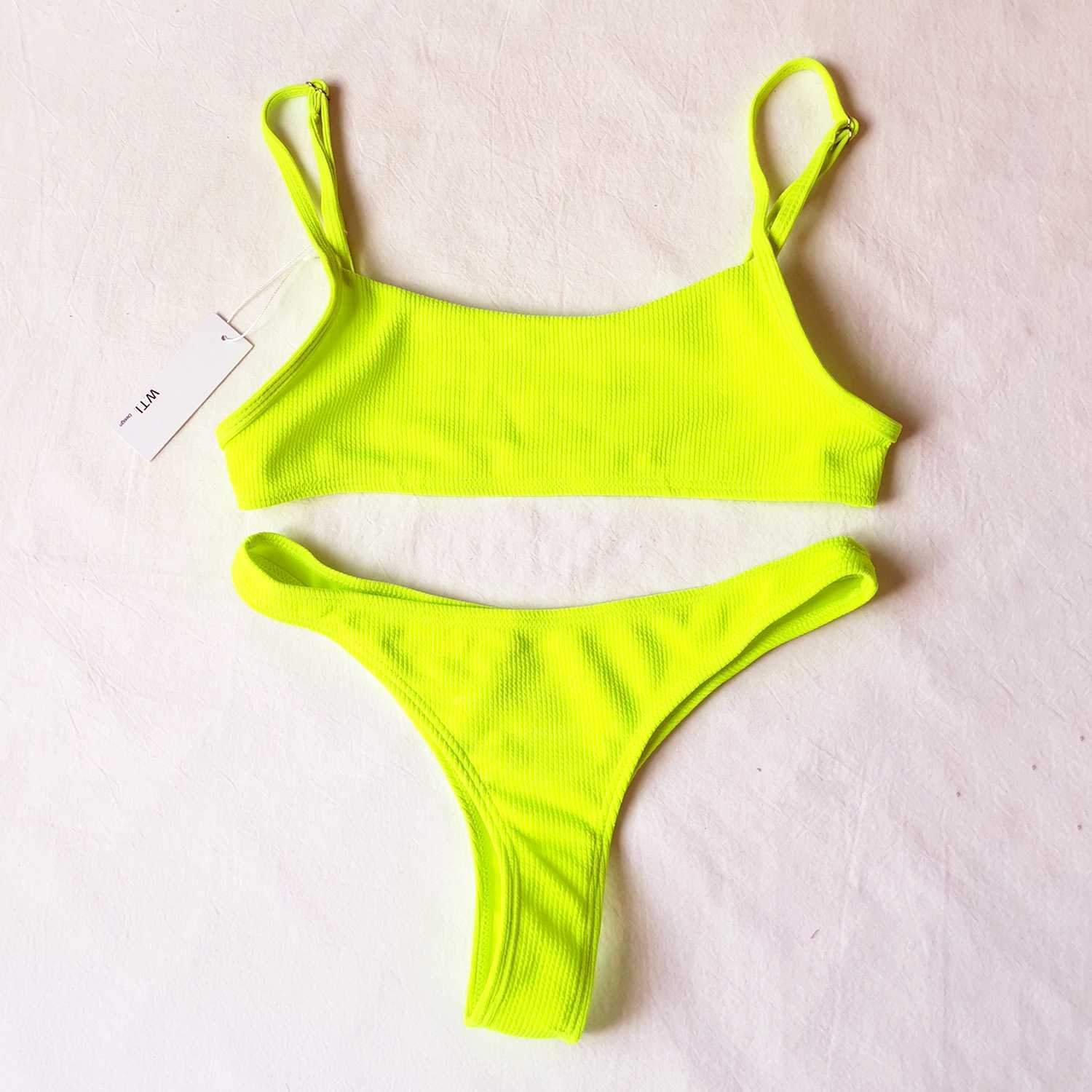 Ribbed Sporty Crop Top High Cut Bikini Set - Neon Green - worthtryit.com