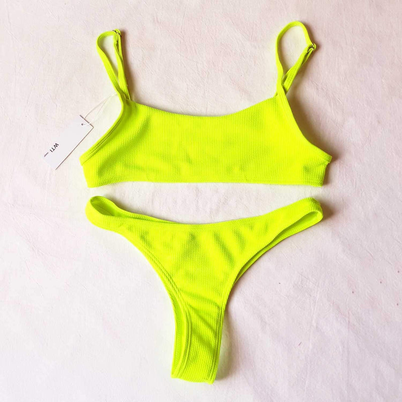 Ribbed Sporty Crop Top High Cut Bikini Set - Neon Green - worthtryit.com