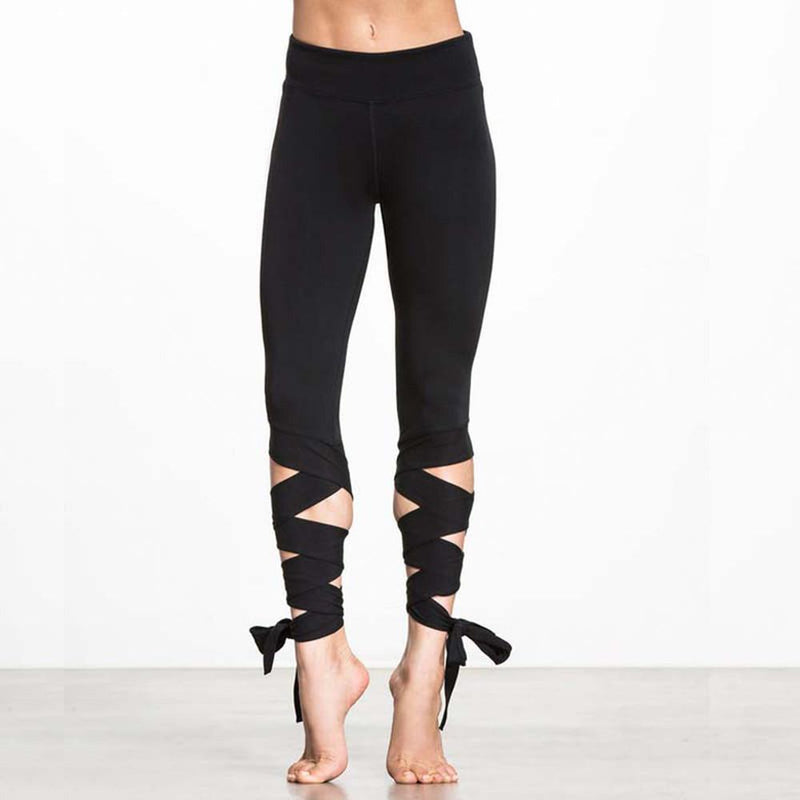 Lace Up Yoga Pants Bandage Tie Dance Leggings Fitness Pants-Black