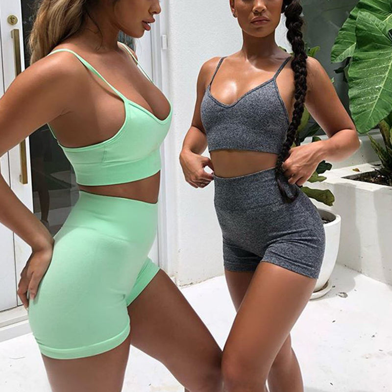 Solid Color Seamless Strappy Sport Top & High Waist Shorts