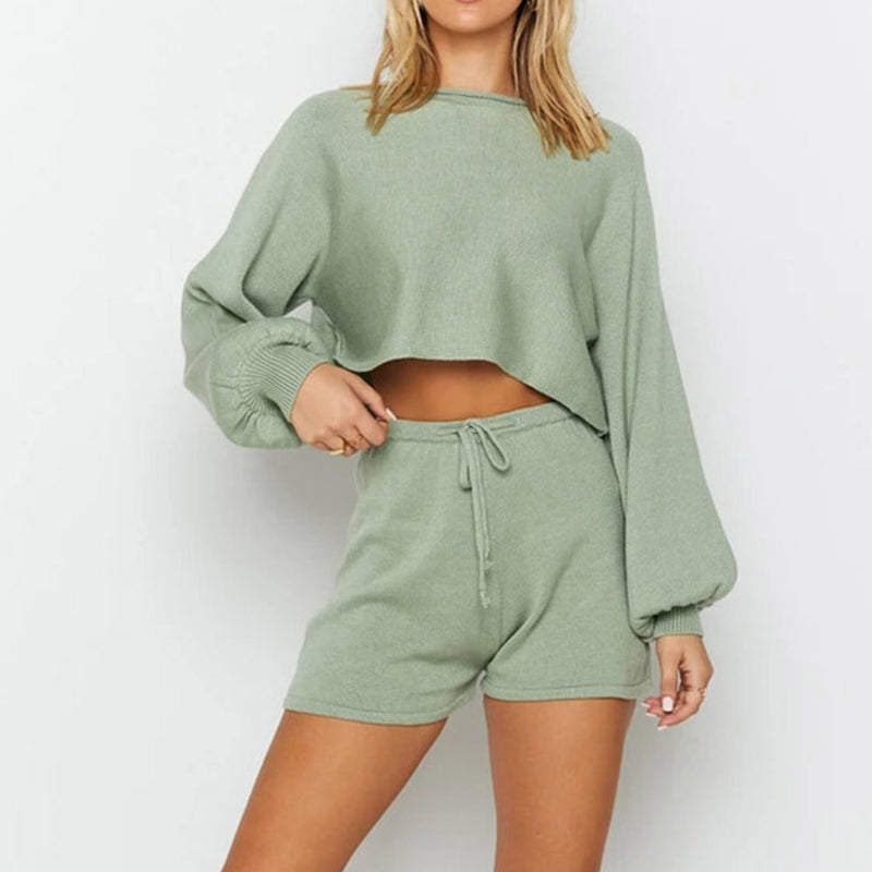 Round Neck Knit Sweater & Shorts Two Piece Set LB201