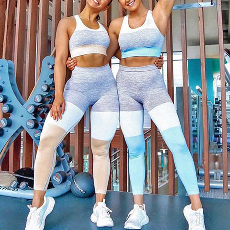 Color Block Crop Top 2 Piece Yoga Sports Fitness Suit